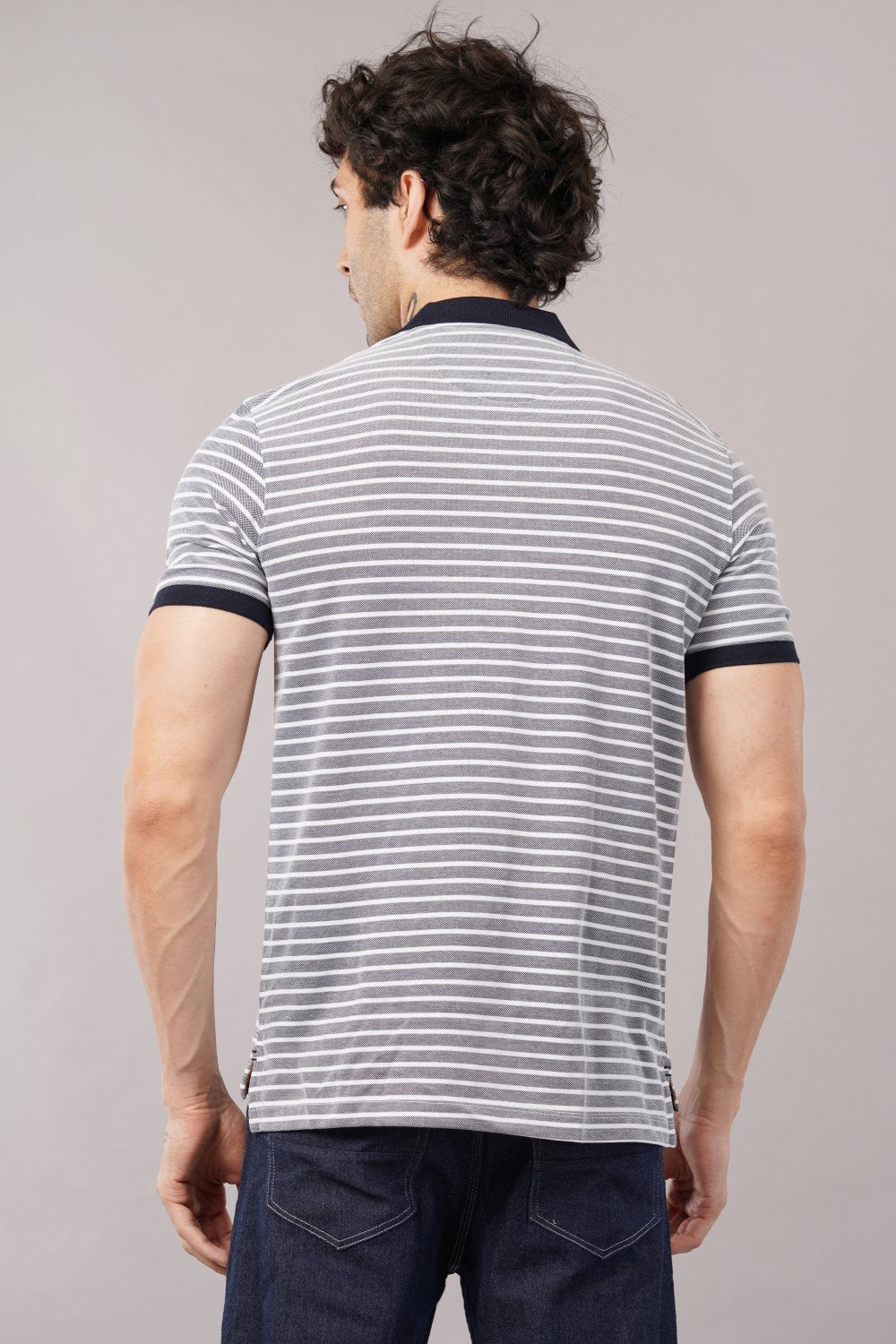 Van Heusen White & Grey Striped Half Sleeve Polo T-shirt