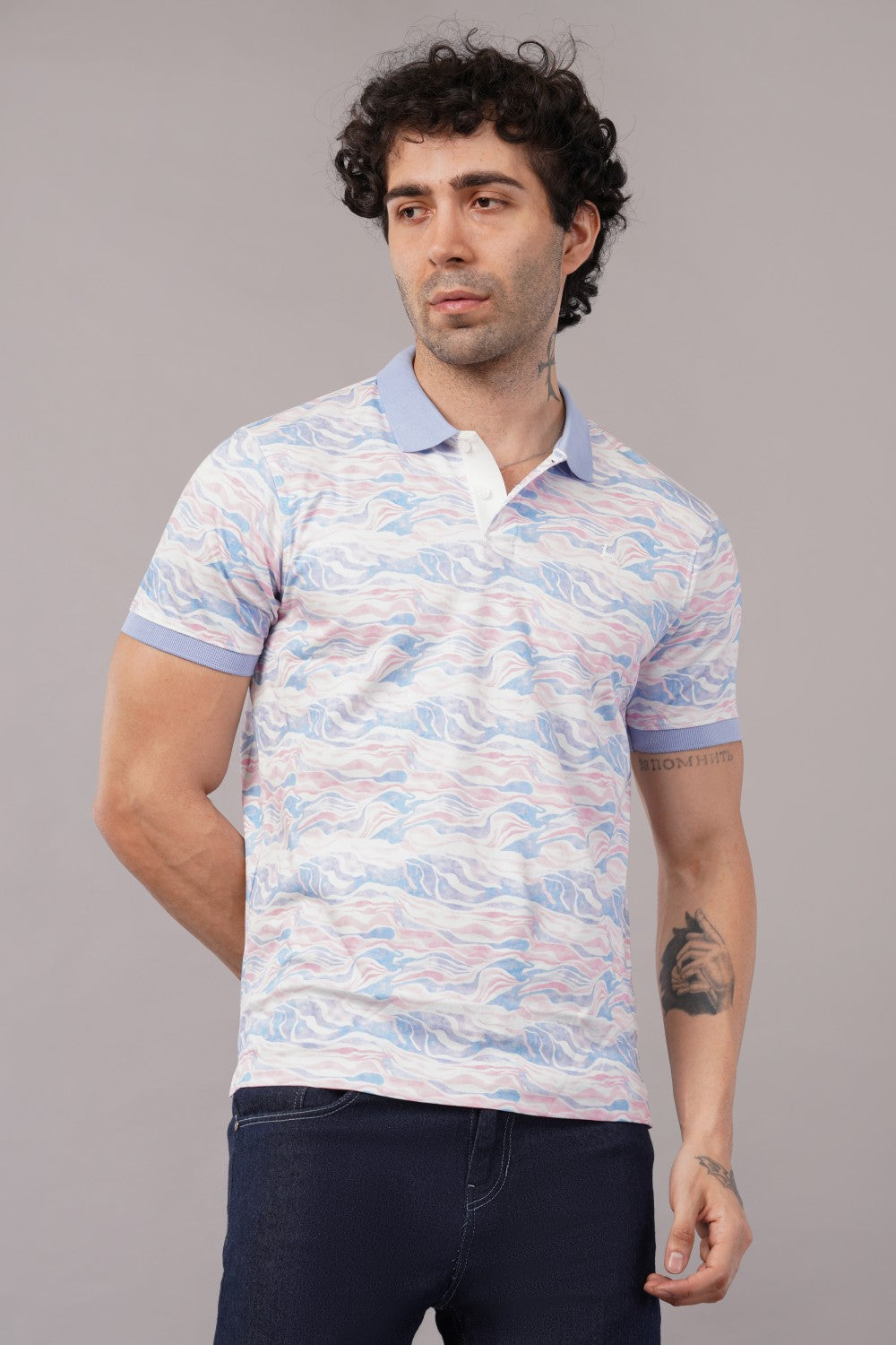 Parx Blue Wave Print Polo  Half Sleeve T-Shirt