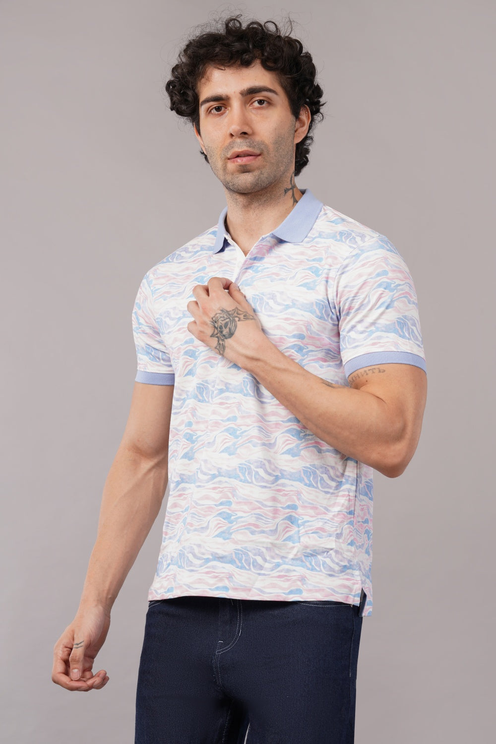 Parx Blue Wave Print Polo  Half Sleeve T-Shirt