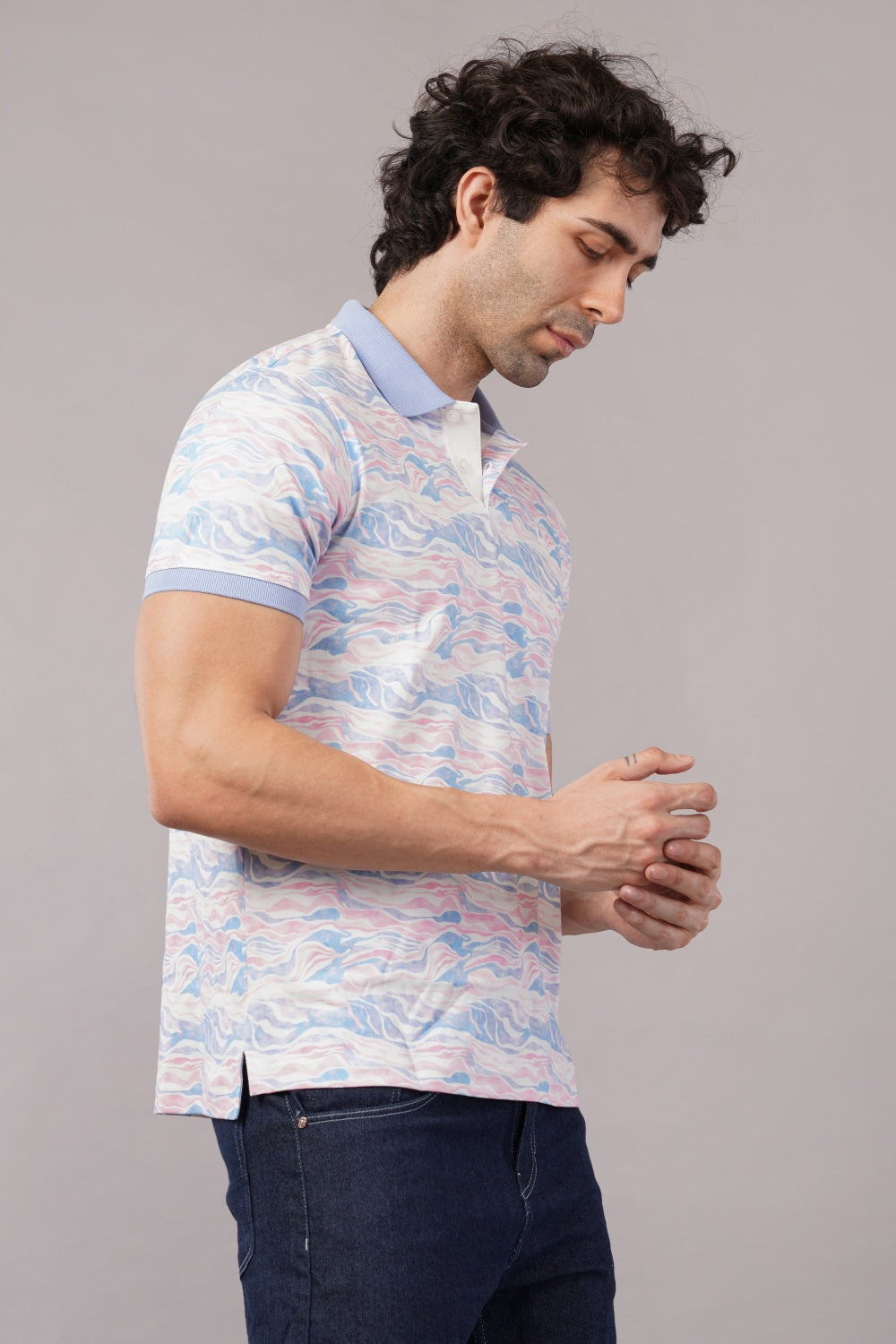 Parx Blue Wave Print Polo  Half Sleeve T-Shirt