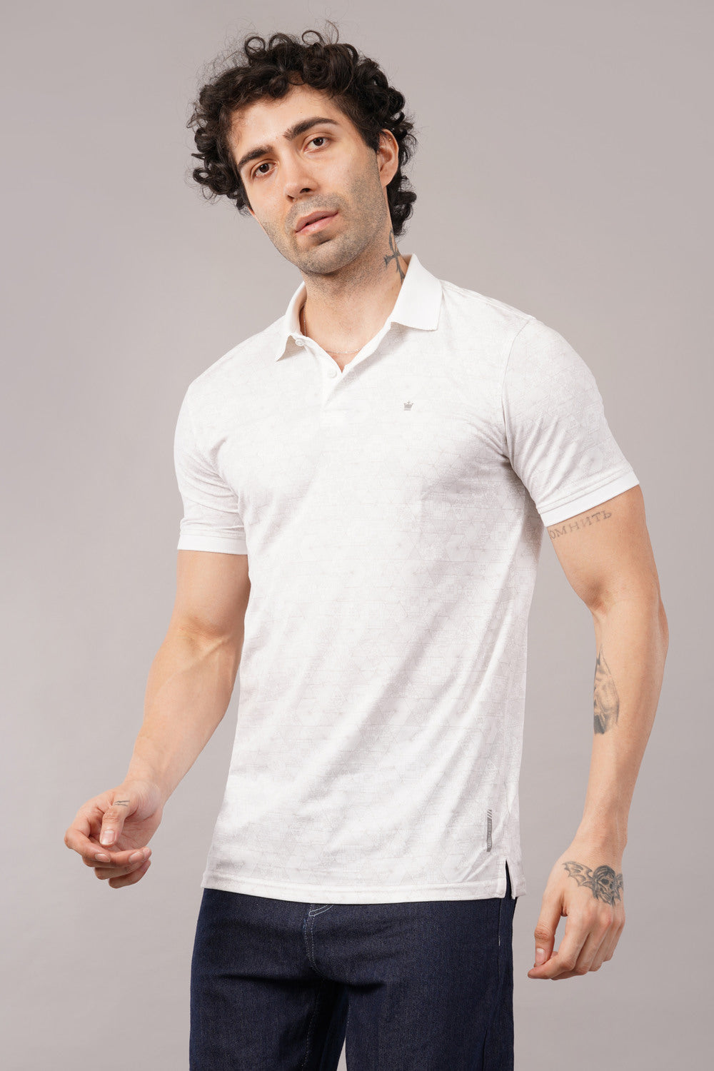 Louis Philippe White Geometric Print Half Sleeve Polo  T-shirt