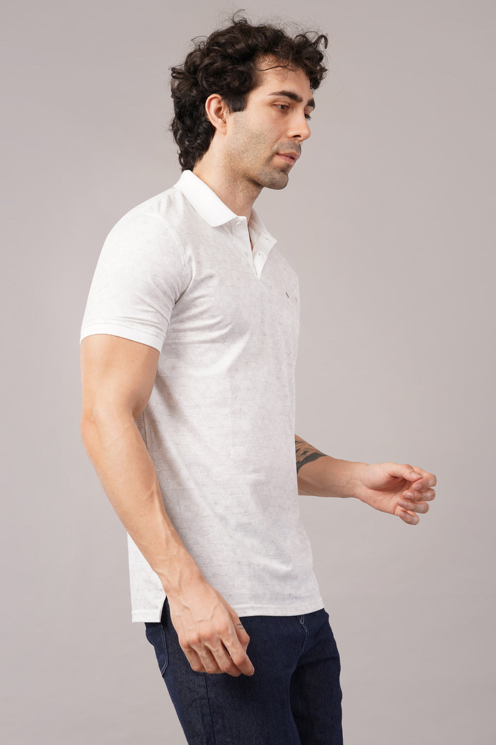 Louis Philippe White Geometric Print Half Sleeve Polo  T-shirt
