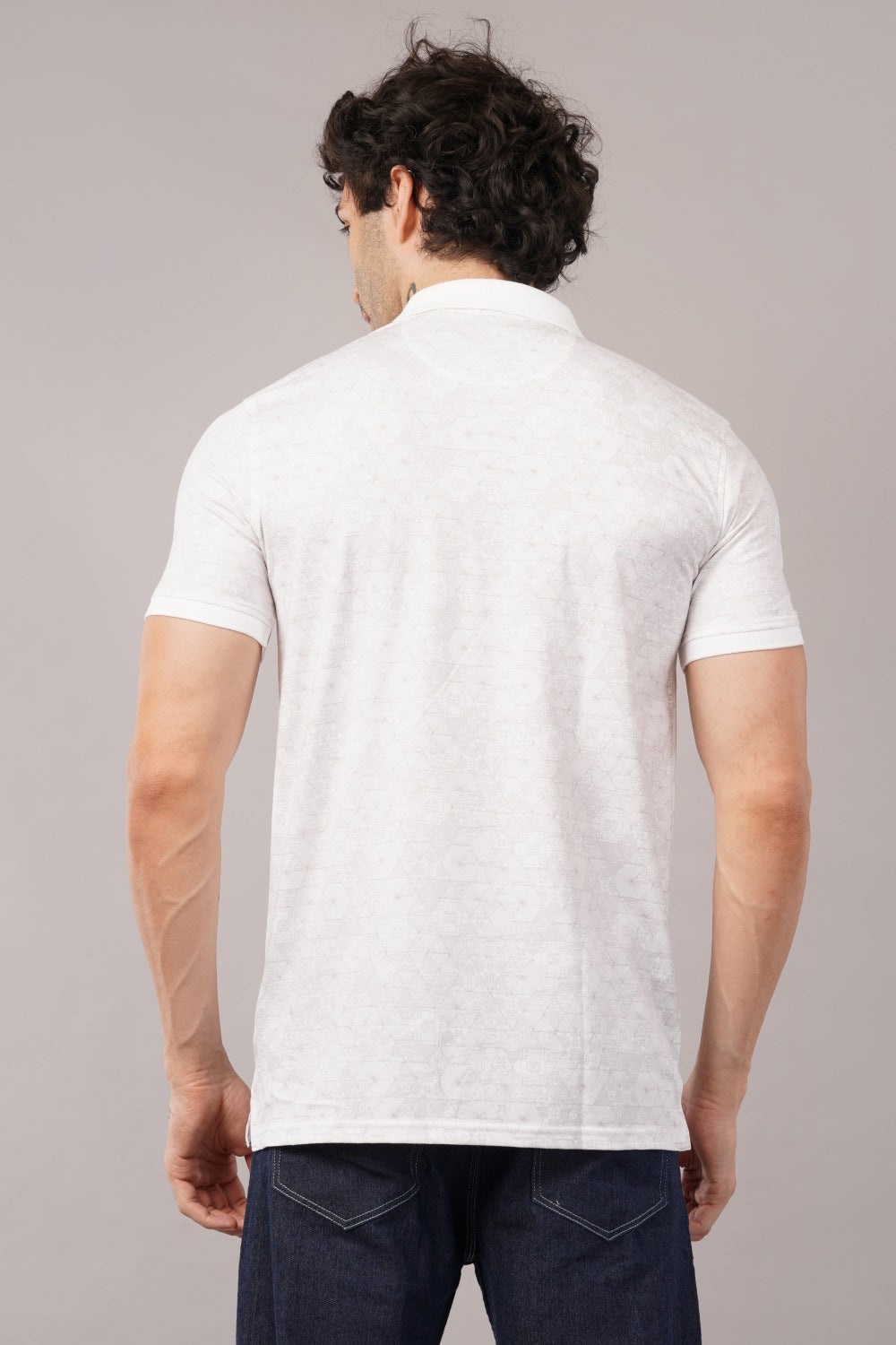Louis Philippe White Geometric Print Half Sleeve Polo  T-shirt