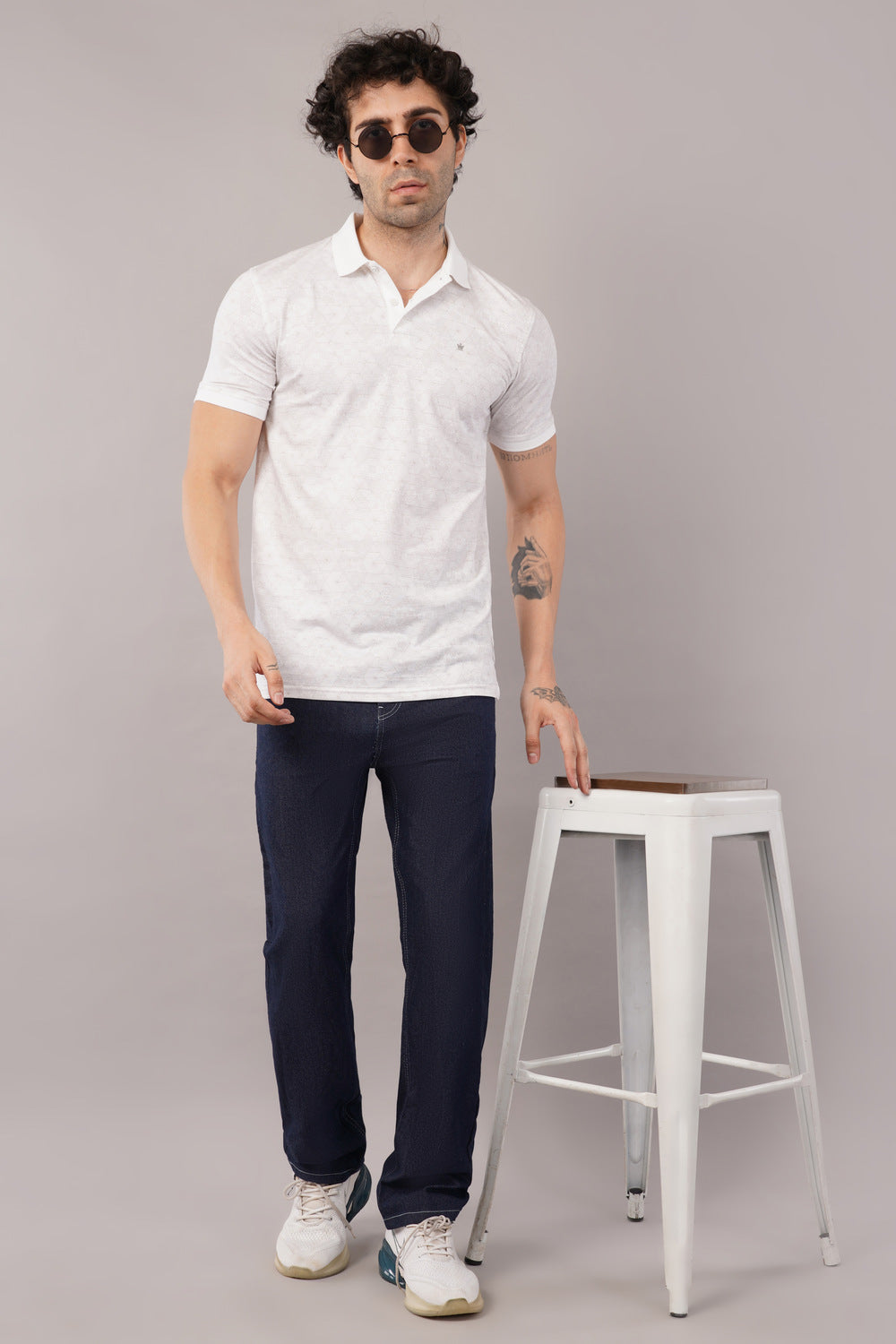 Louis Philippe White Geometric Print Half Sleeve Polo  T-shirt
