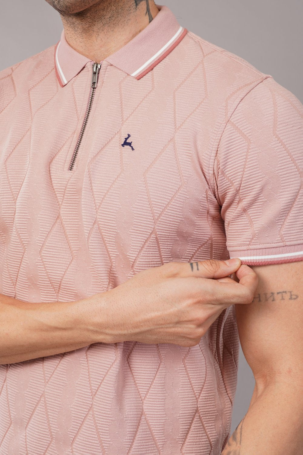 Parx Pink Diamond Pattern Half Zipper Half Sleeve Polo T-shirt