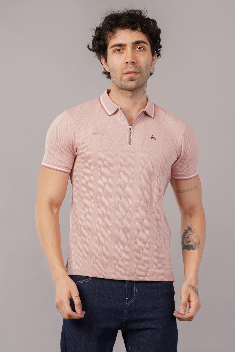 Parx Pink Diamond Pattern Half Zipper Half Sleeve Polo T-shirt