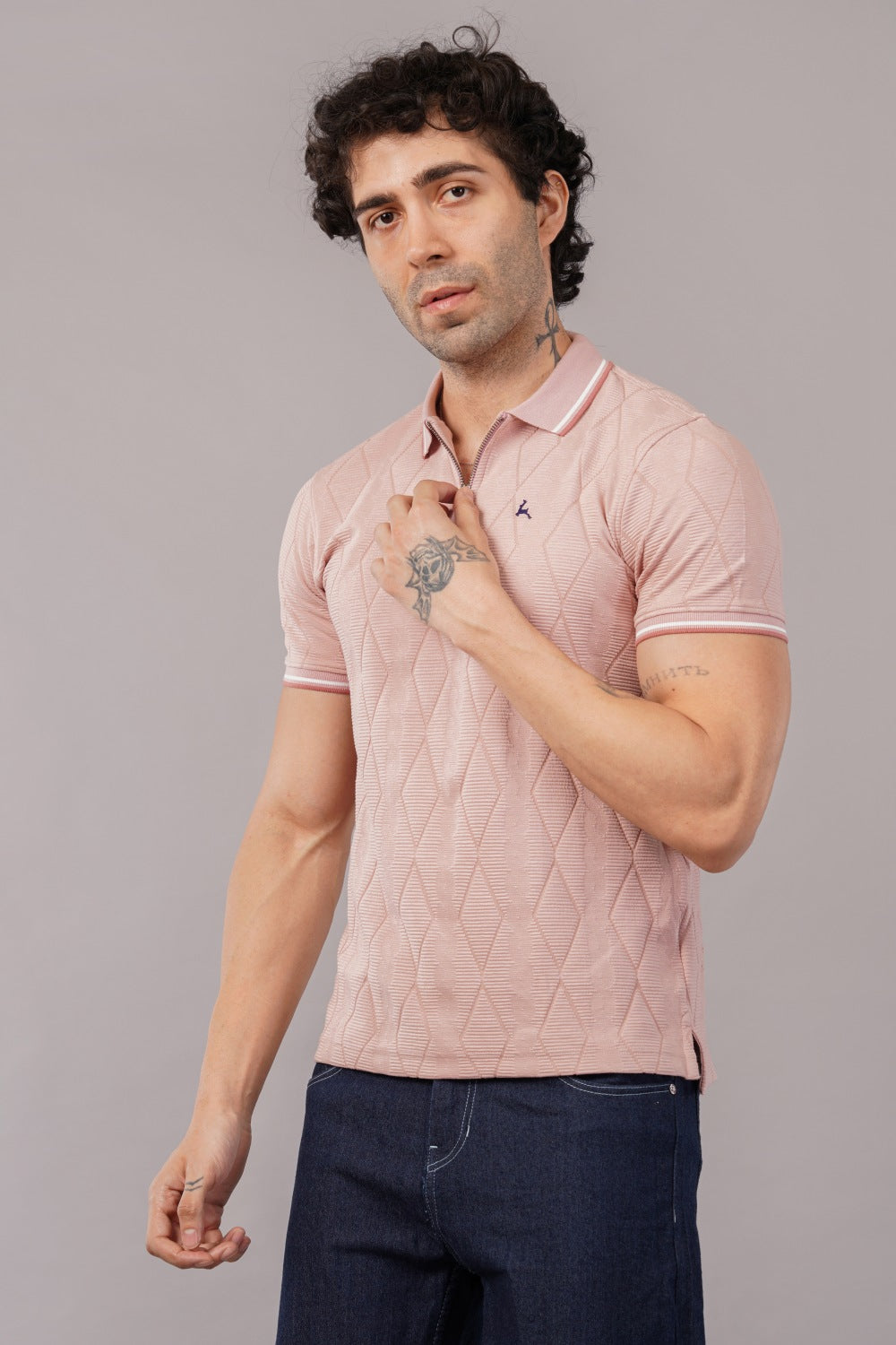 Parx Pink Diamond Pattern Half Zipper Half Sleeve Polo T-shirt