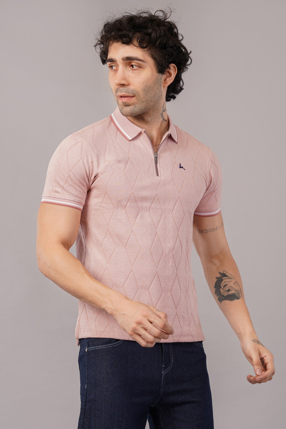 Parx Pink Diamond Pattern Half Zipper Half Sleeve Polo T-shirt