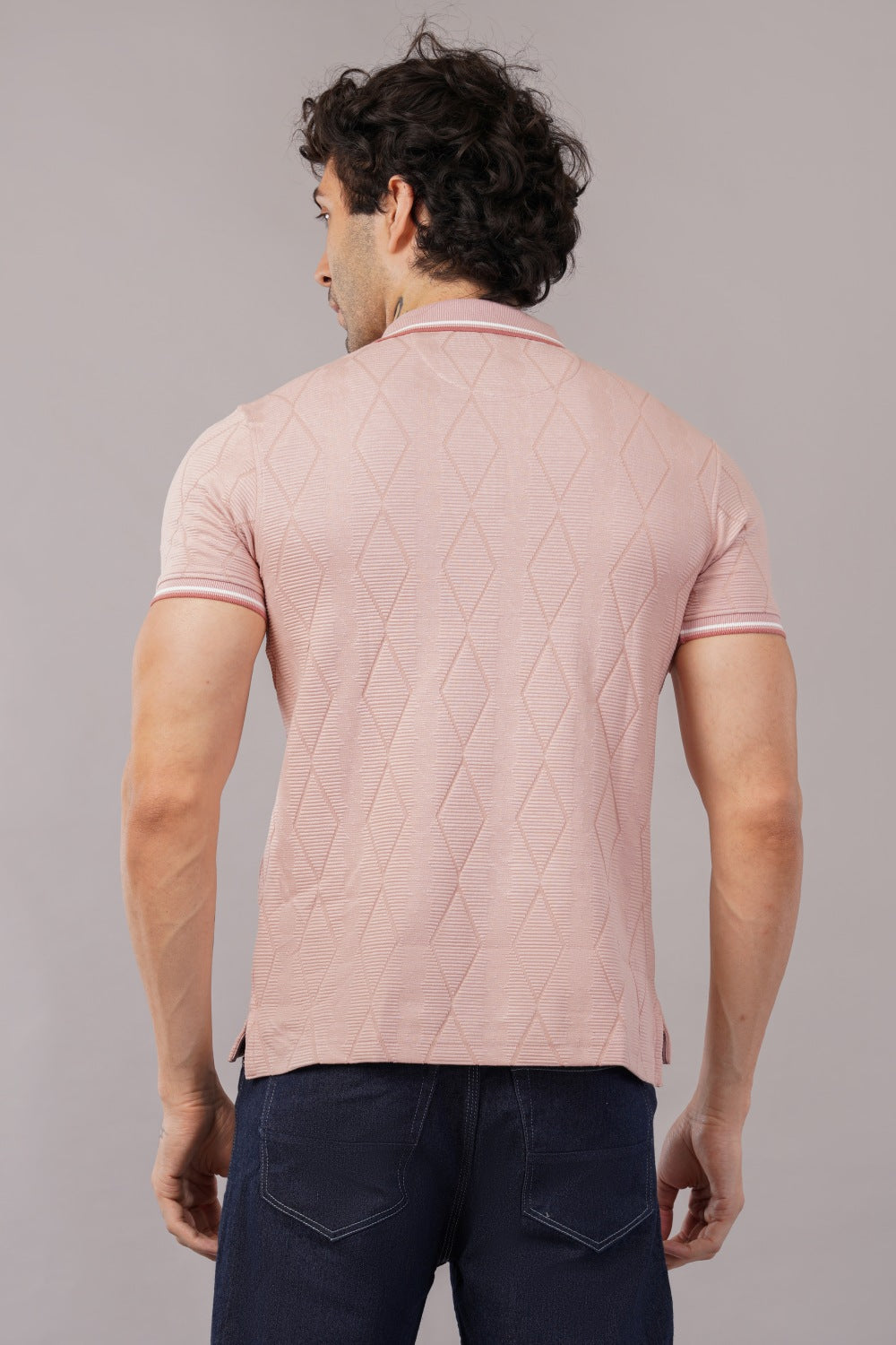 Parx Pink Diamond Pattern Half Zipper Half Sleeve Polo T-shirt