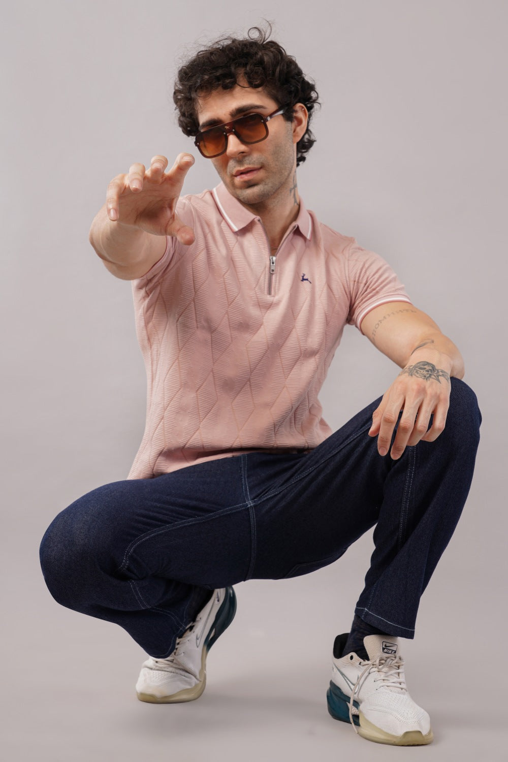 Parx Pink Diamond Pattern Half Zipper Half Sleeve Polo T-shirt
