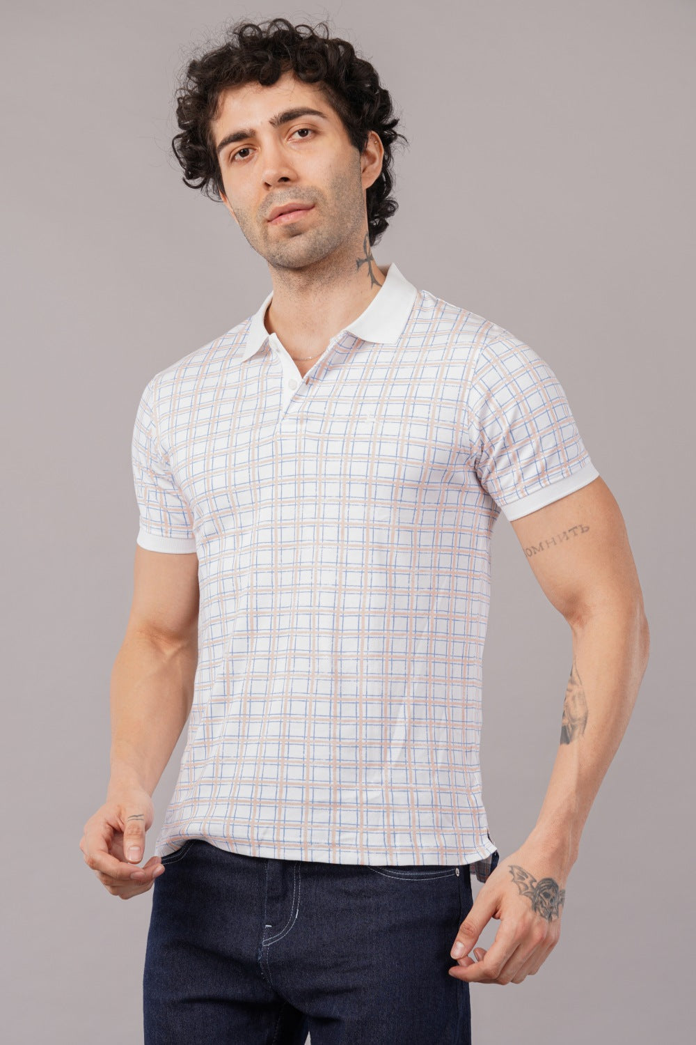 Parx White Checkered Half Sleeve Polo T-shirt