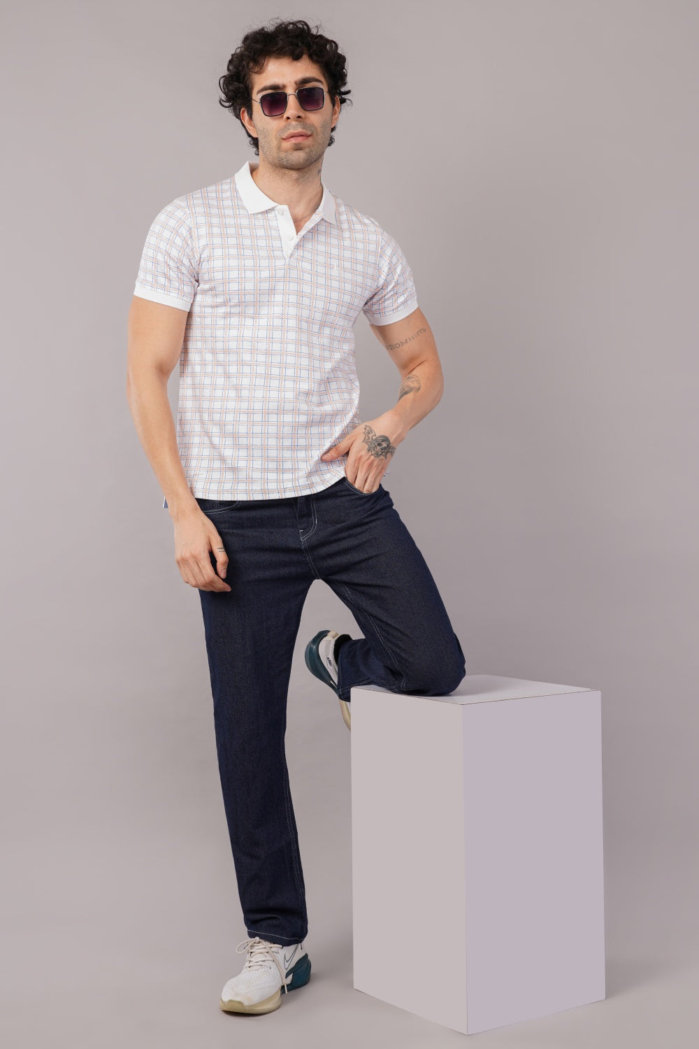 Parx White Checkered Half Sleeve Polo T-shirt