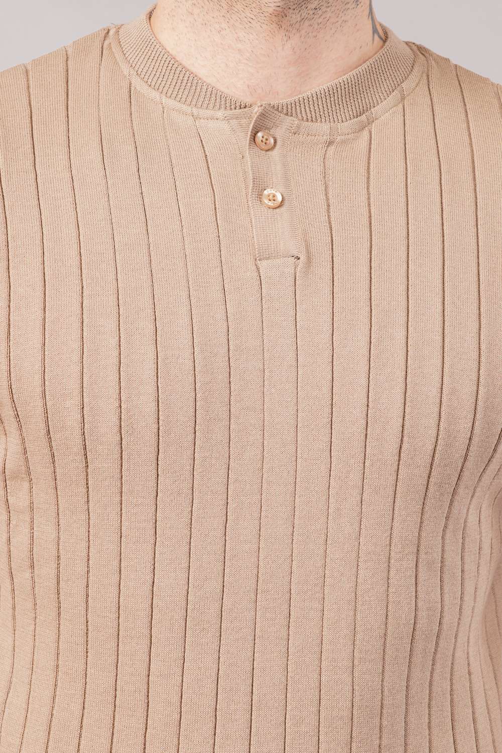 Parx Beige Ribbed Henley Round Neck Half Sleeve Polo T-shirt