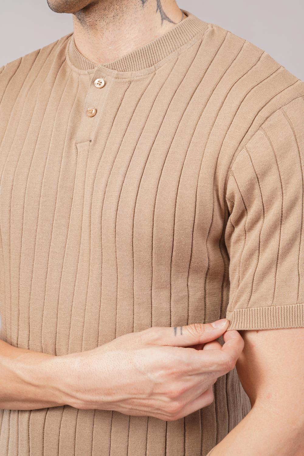 Parx Beige Ribbed Henley Round Neck Half Sleeve Polo T-shirt