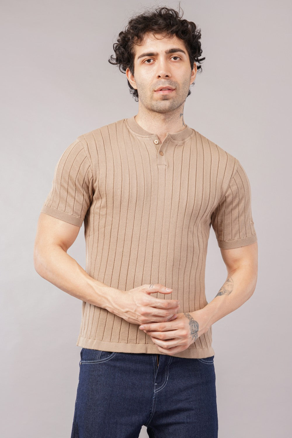Parx Beige Ribbed Henley Round Neck Half Sleeve Polo T-shirt