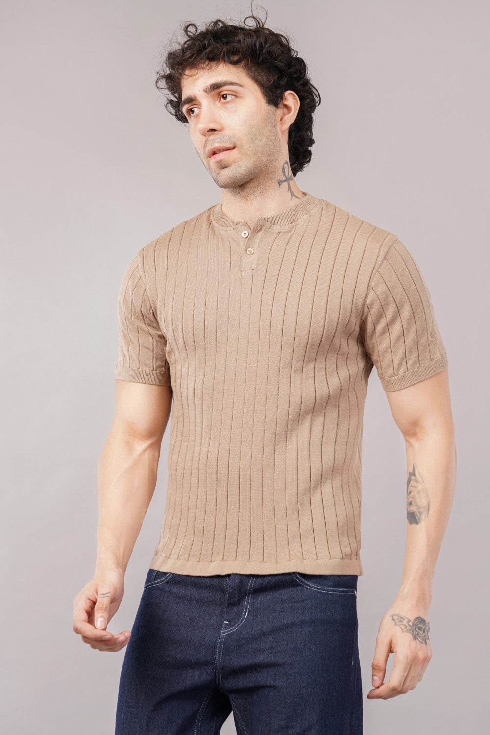 Parx Beige Ribbed Henley Round Neck Half Sleeve Polo T-shirt