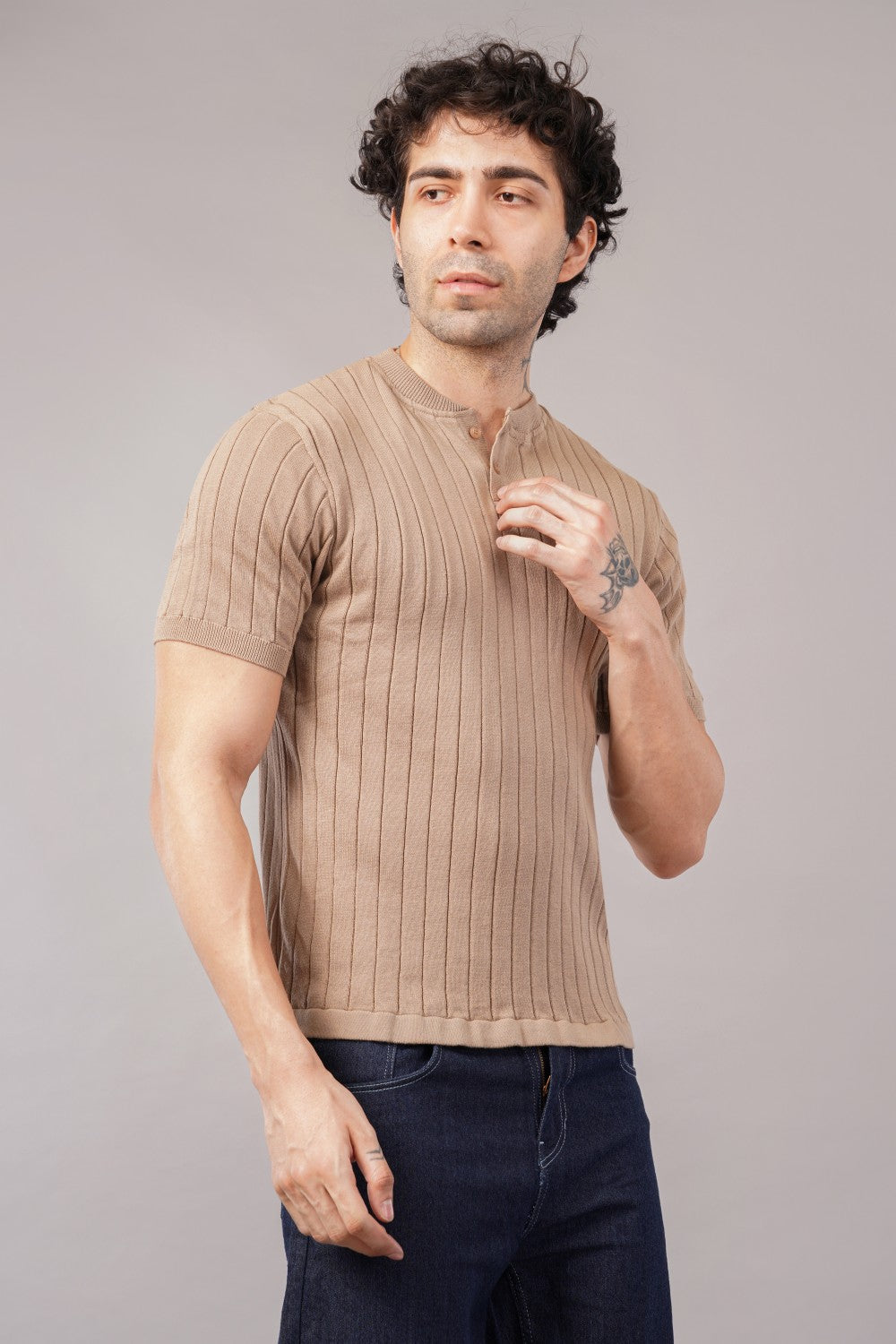 Parx Beige Ribbed Henley Round Neck Half Sleeve Polo T-shirt