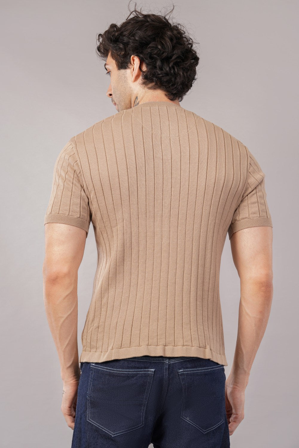 Parx Beige Ribbed Henley Round Neck Half Sleeve Polo T-shirt