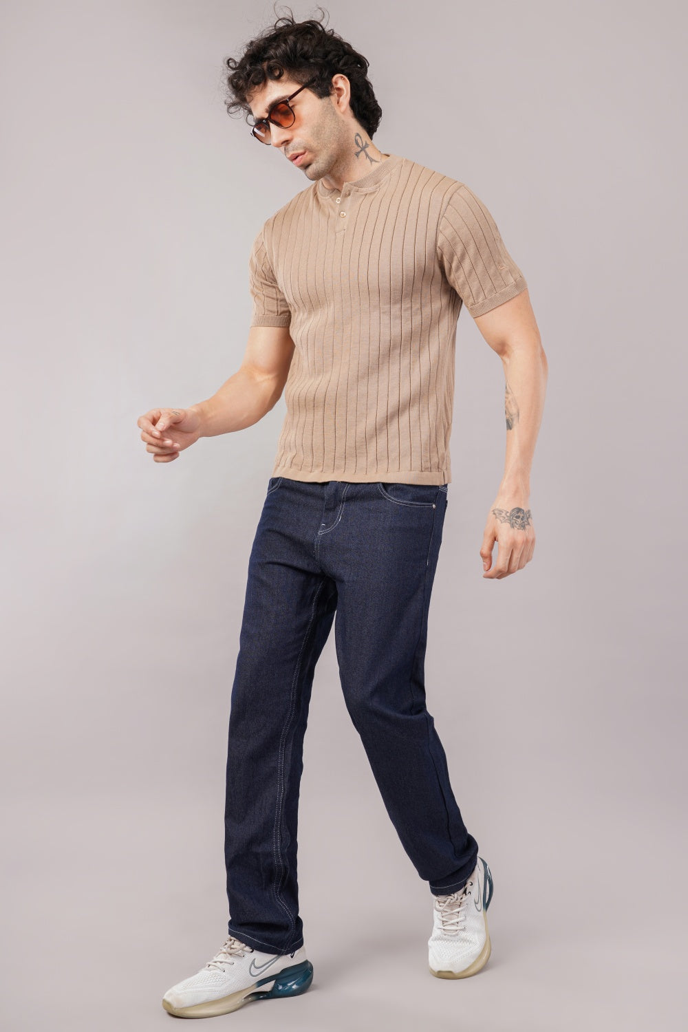 Parx Beige Ribbed Henley Round Neck Half Sleeve Polo T-shirt