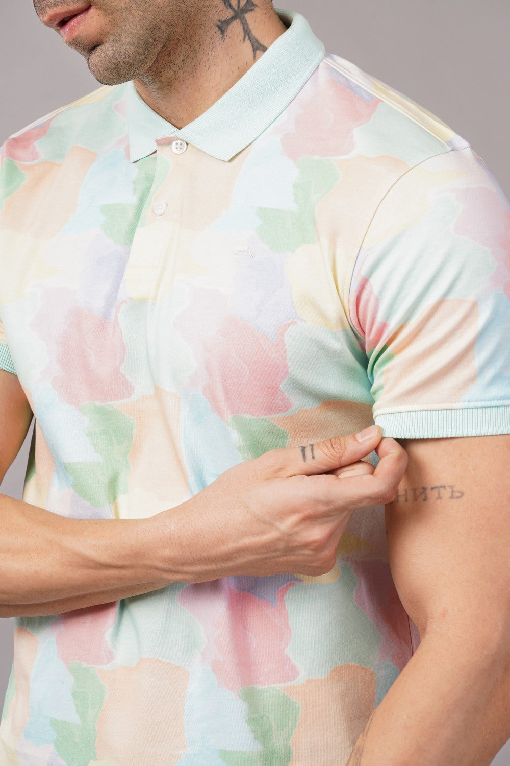 Parx Yellow & Blue Tile Print Half Sleeve Polo T-shirt
