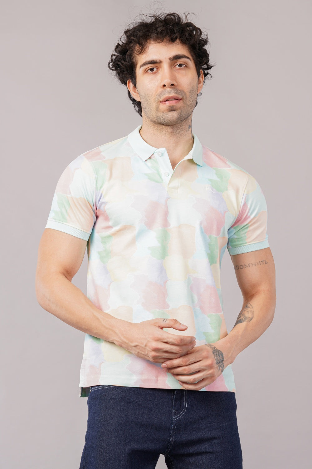 Parx Yellow & Blue Tile Print Half Sleeve Polo T-shirt