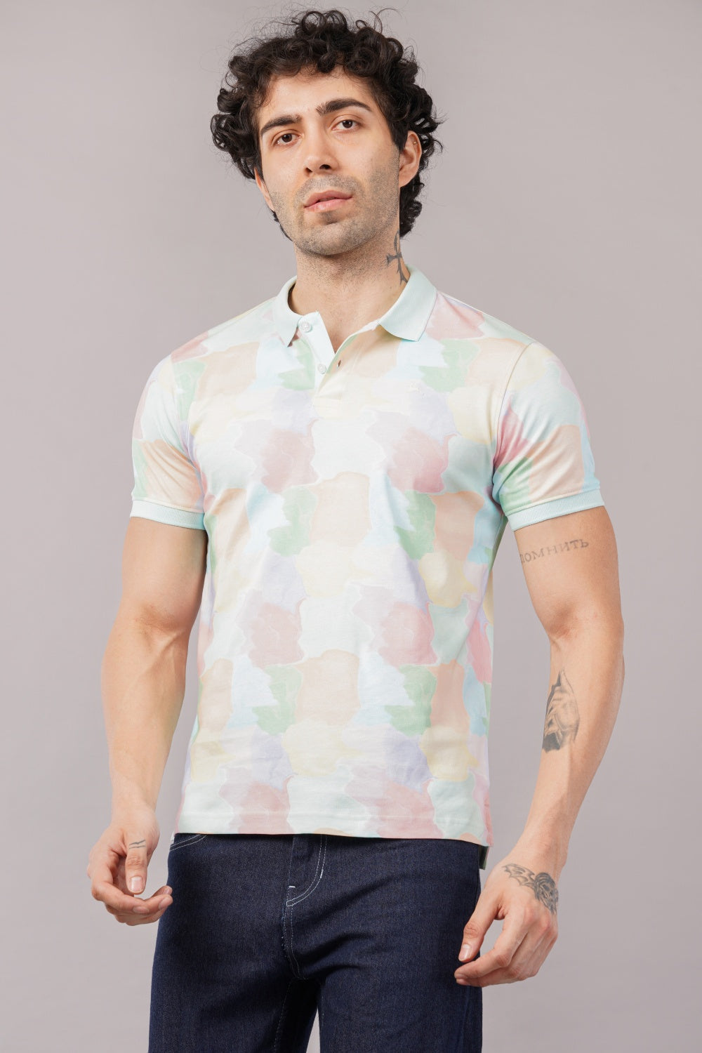 Parx Yellow & Blue Tile Print Half Sleeve Polo T-shirt