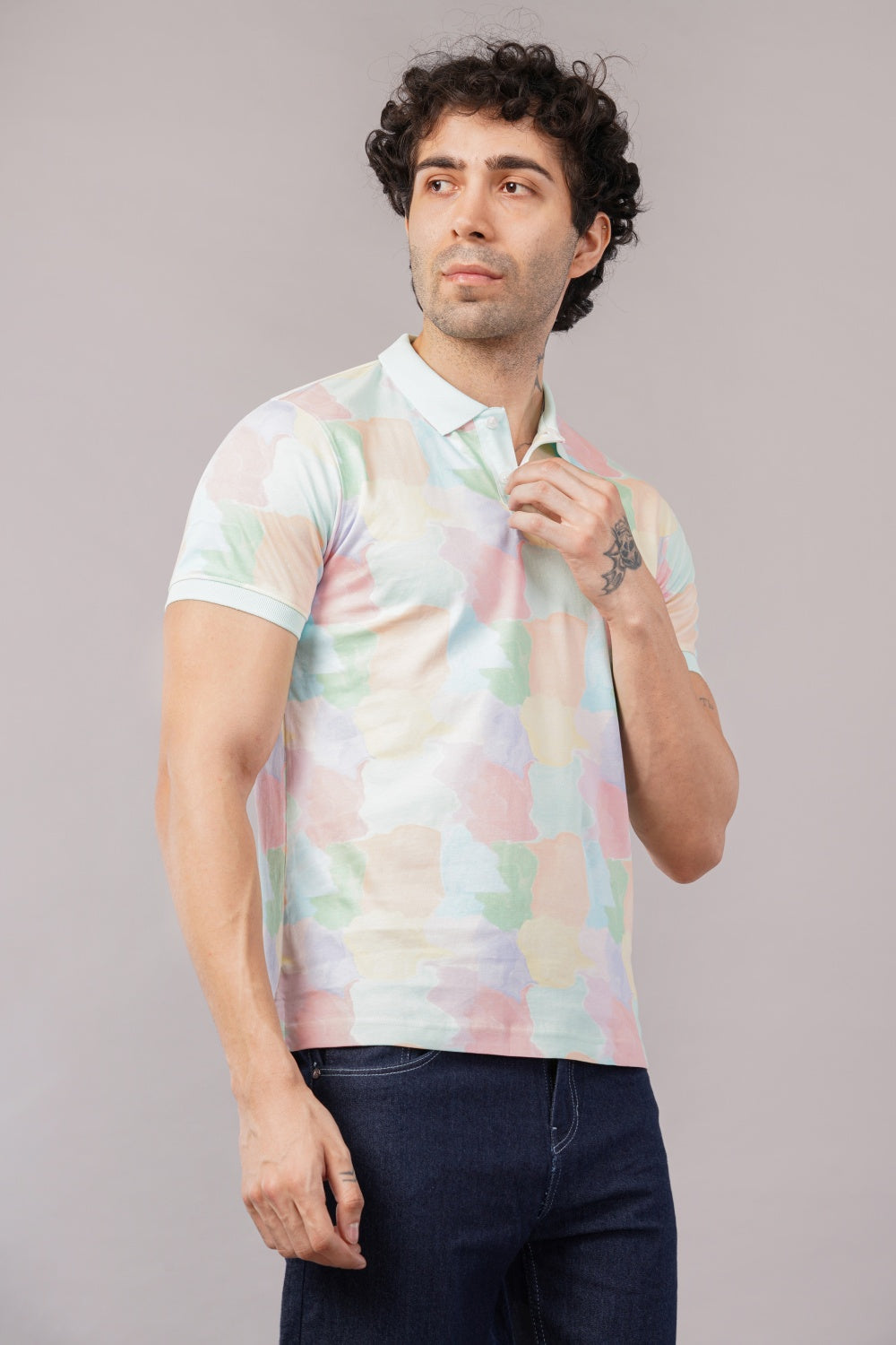 Parx Yellow & Blue Tile Print Half Sleeve Polo T-shirt