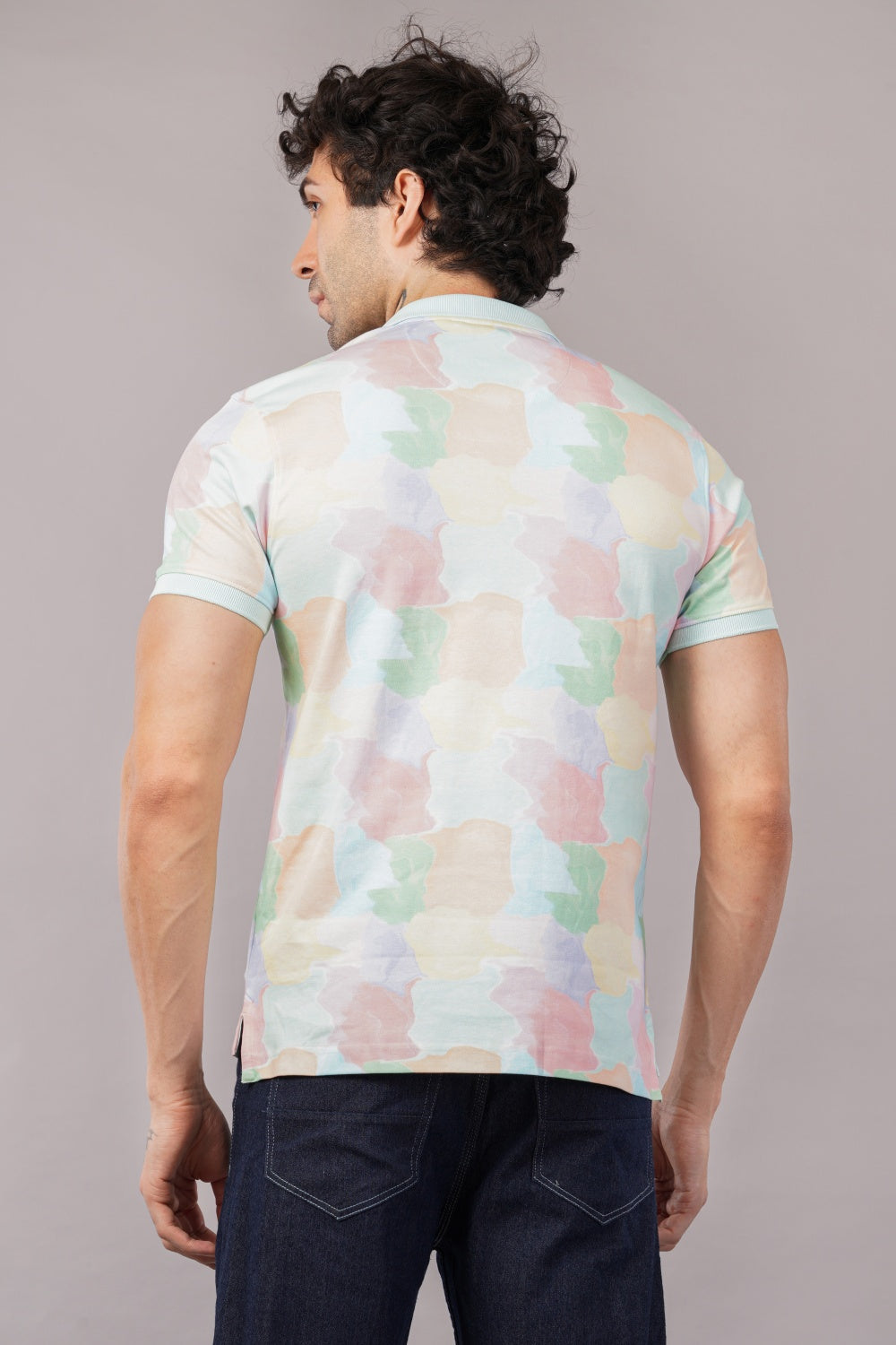 Parx Yellow & Blue Tile Print Half Sleeve Polo T-shirt
