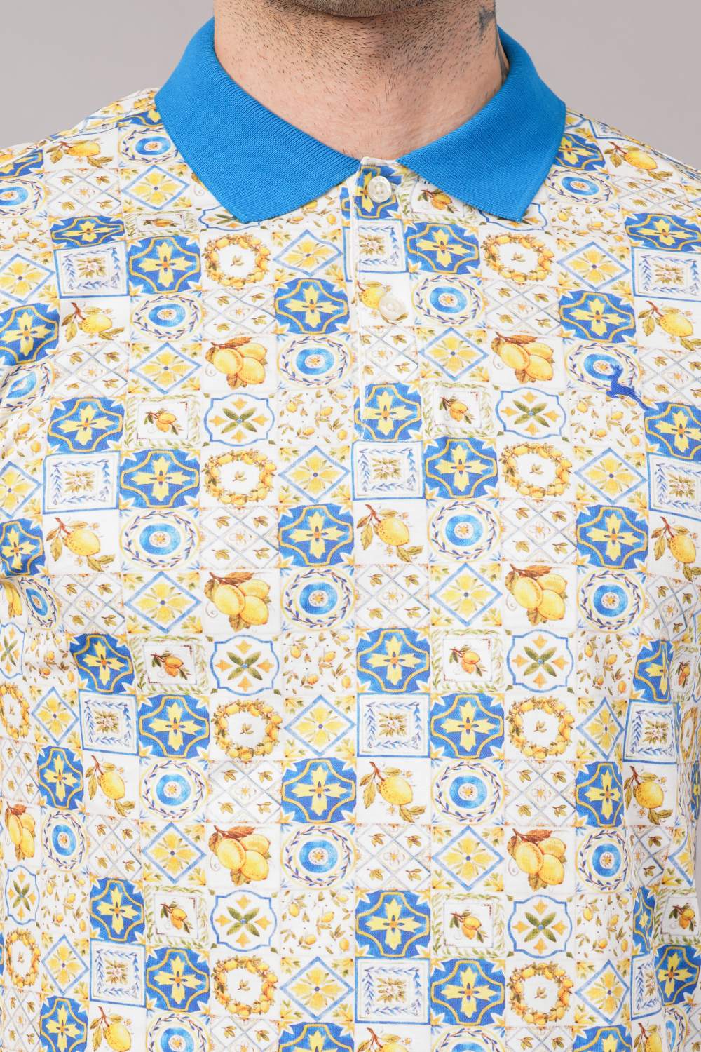 Parx Yellow & Blue Tile Print Half Sleeve Polo T-shirt
