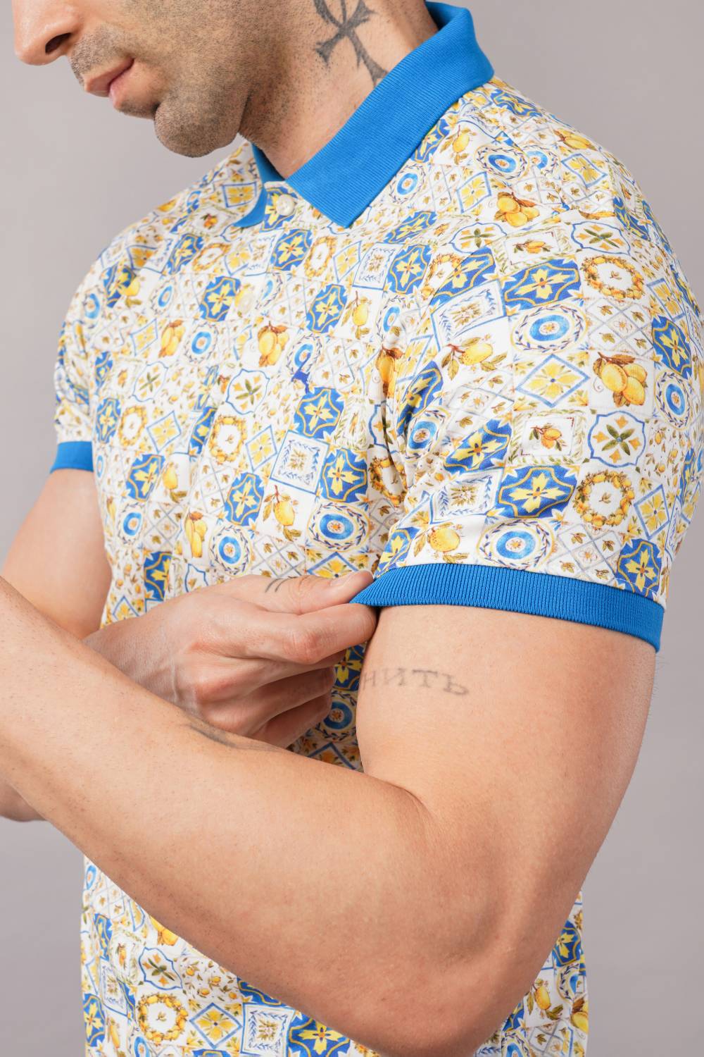 Parx Yellow & Blue Tile Print Half Sleeve Polo T-shirt