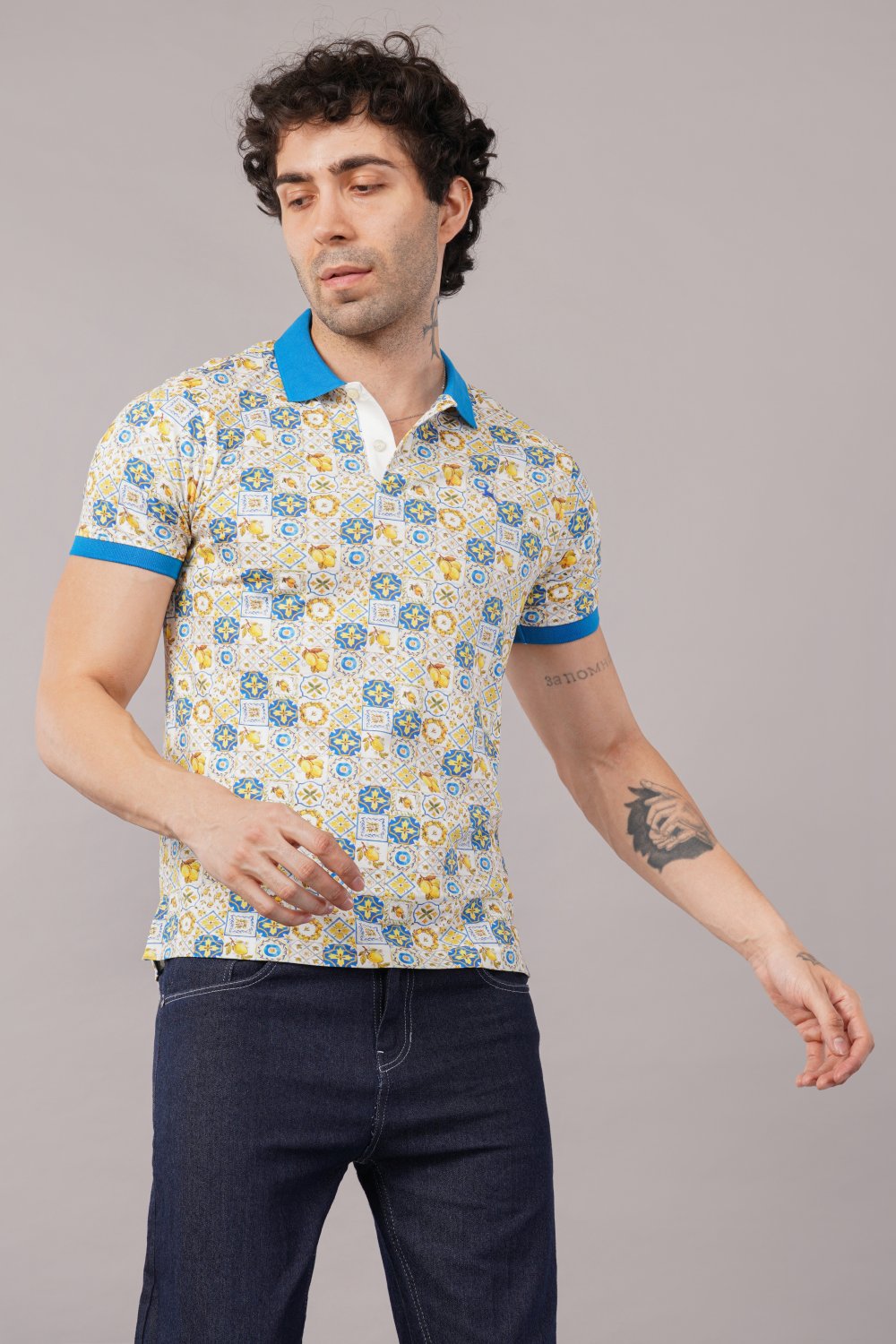 Parx Yellow & Blue Tile Print Half Sleeve Polo T-shirt