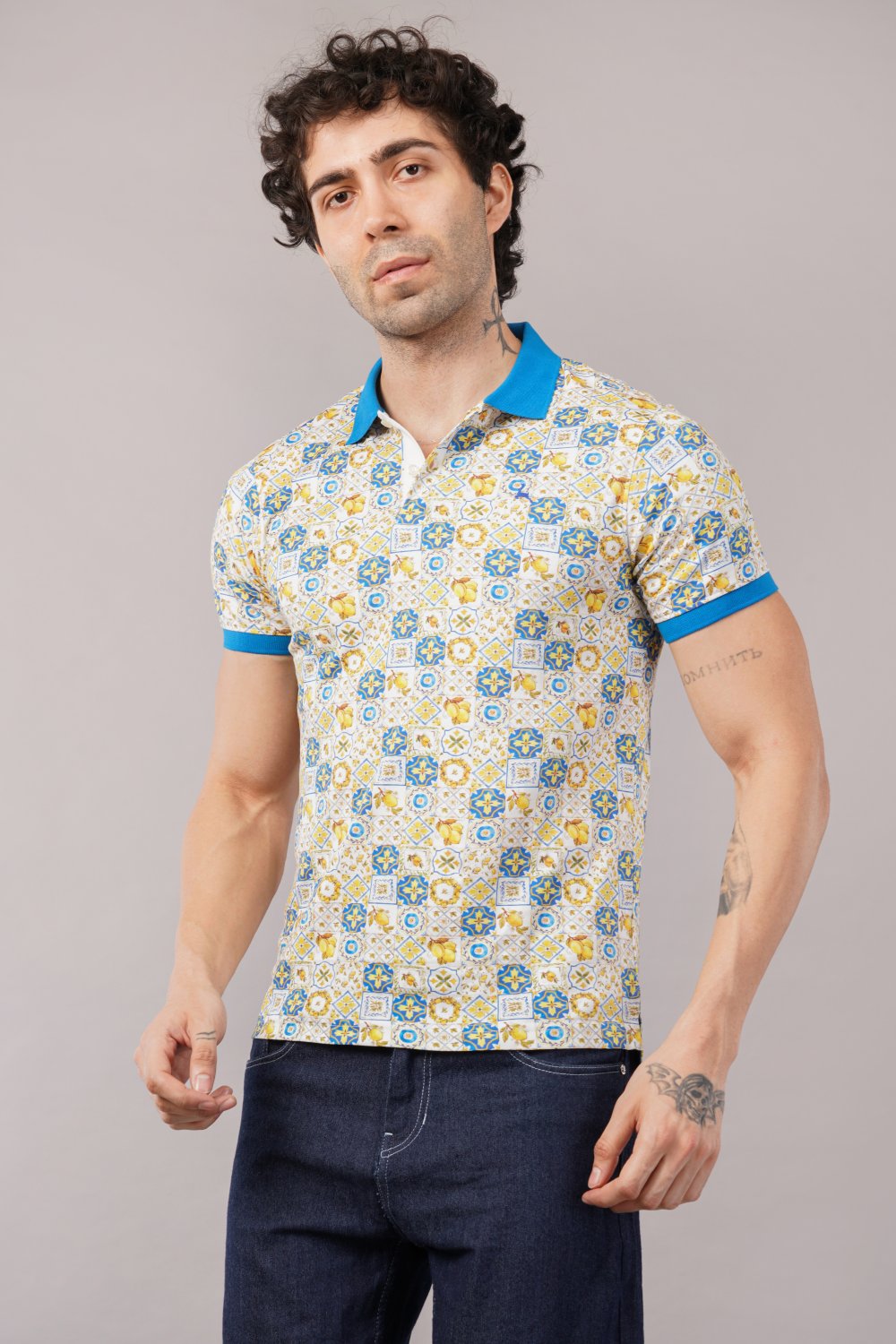 Parx Yellow & Blue Tile Print Half Sleeve Polo T-shirt