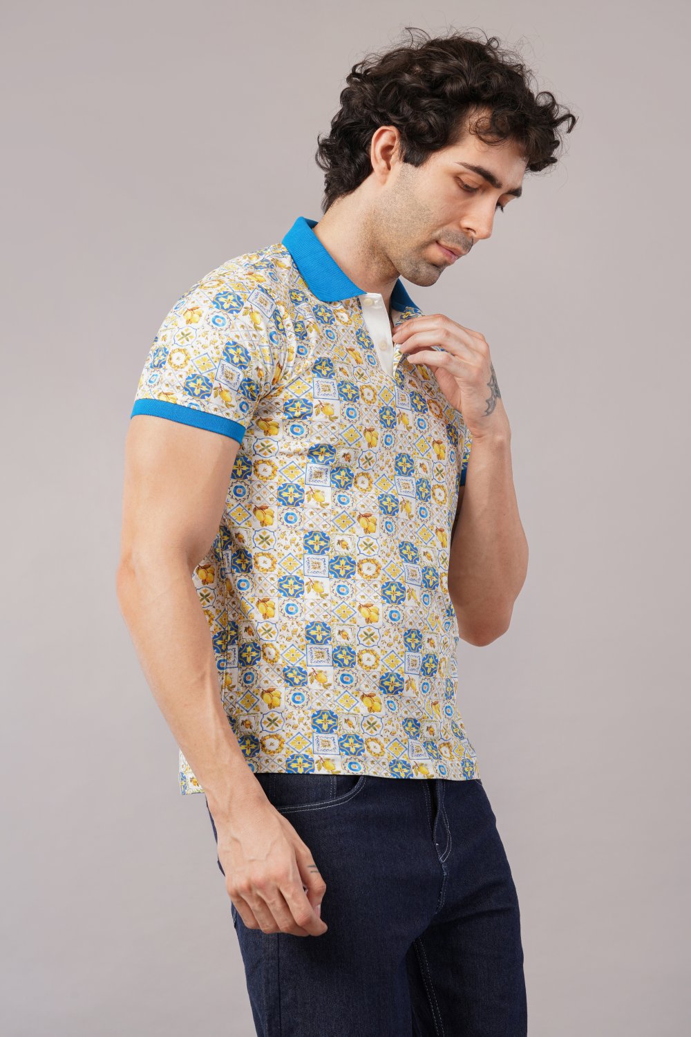 Parx Yellow & Blue Tile Print Half Sleeve Polo T-shirt