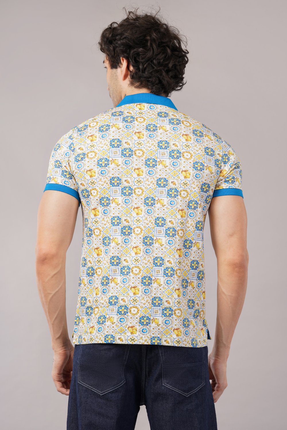 Parx Yellow & Blue Tile Print Half Sleeve Polo T-shirt