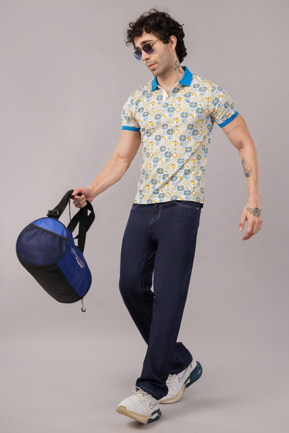 Parx Yellow & Blue Tile Print Half Sleeve Polo T-shirt