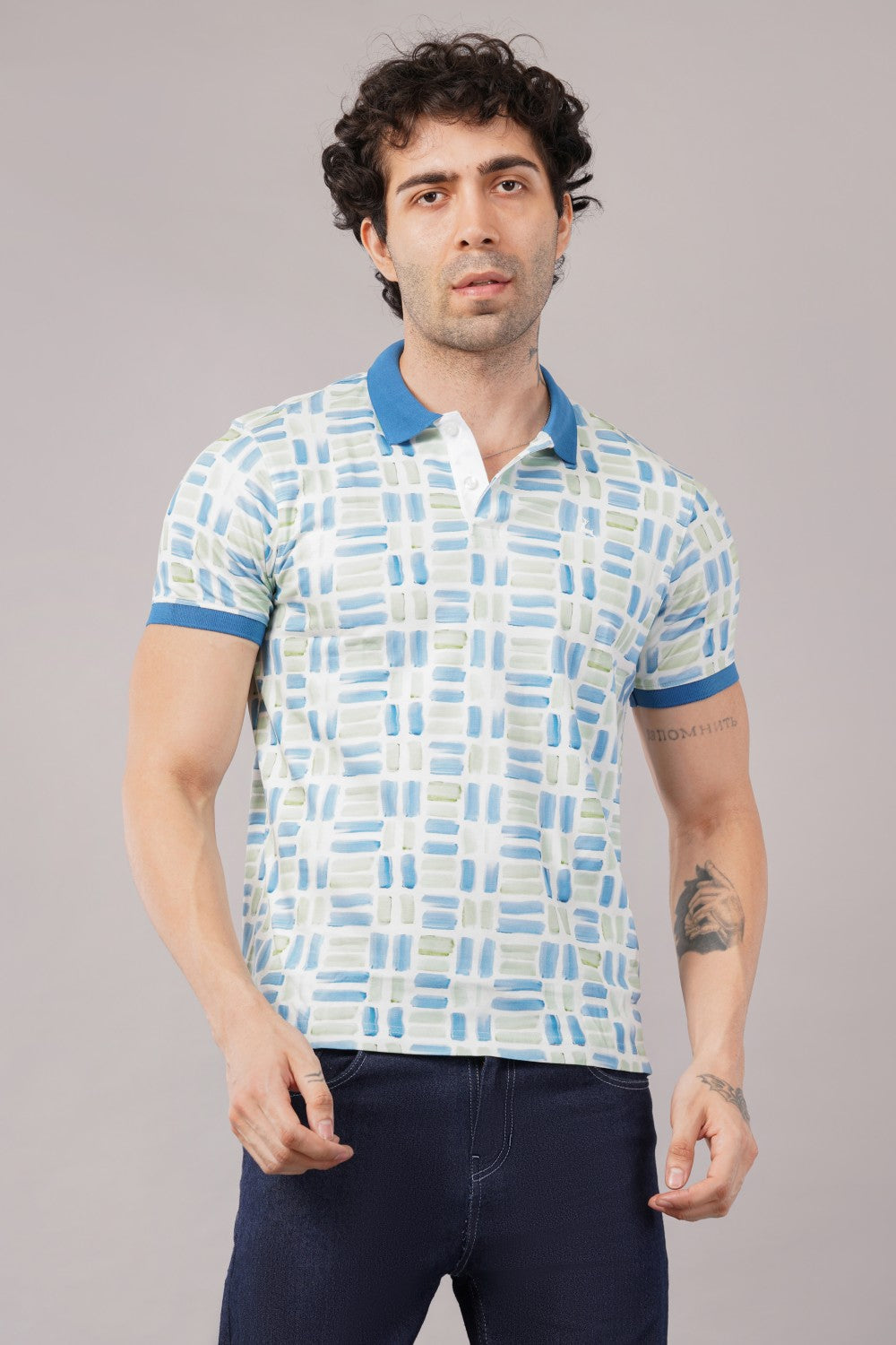 Parx Blue Brushstroke Print Half Sleeve Polo T-shirt