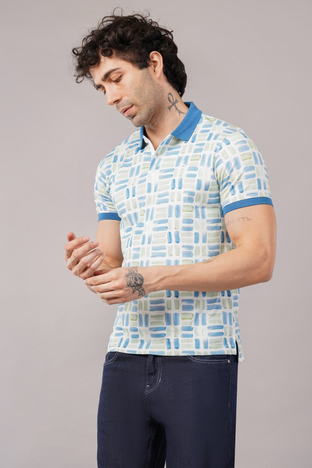 Parx Blue Brushstroke Print Half Sleeve Polo T-shirt