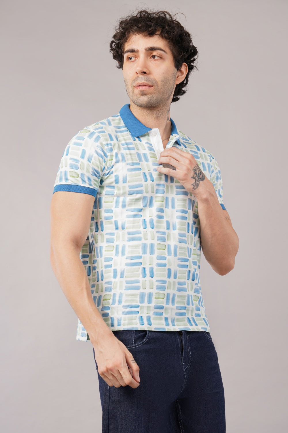 Parx Blue Brushstroke Print Half Sleeve Polo T-shirt