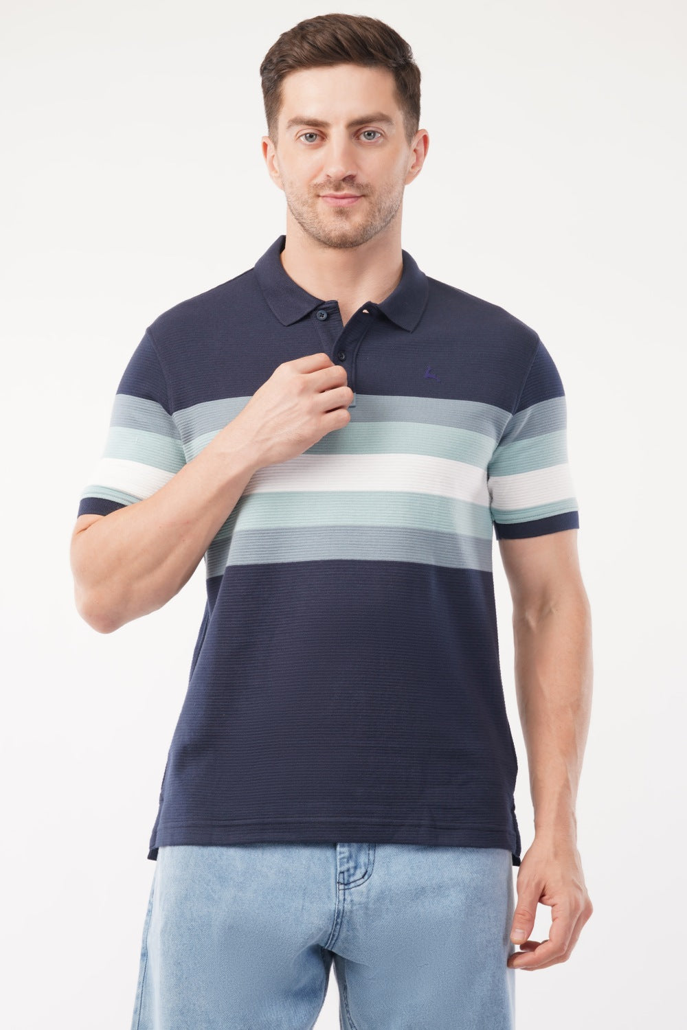 Parx Navy & Green Striped Half Sleeve Polo T-shirt
