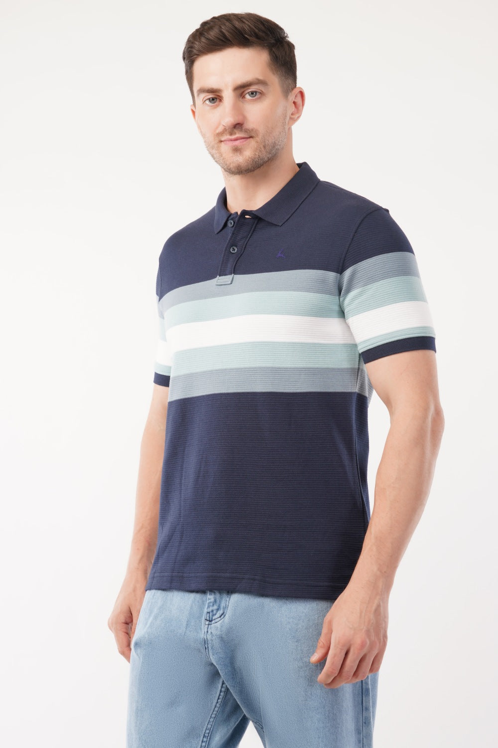 Parx Navy & Green Striped Half Sleeve Polo T-shirt