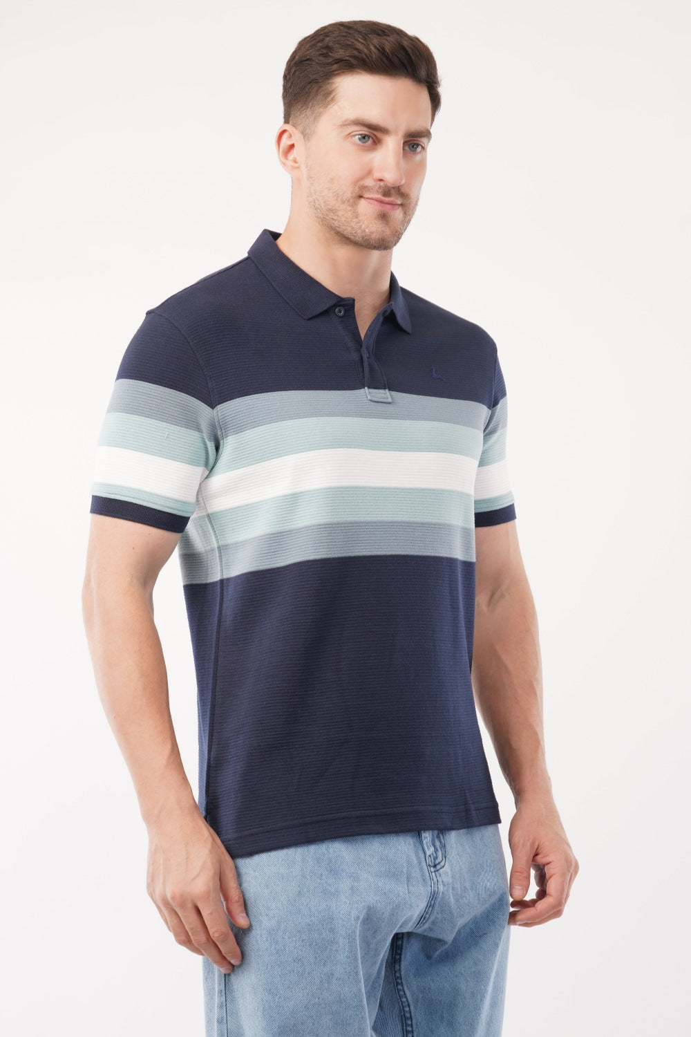 Parx Navy & Green Striped Half Sleeve Polo T-shirt