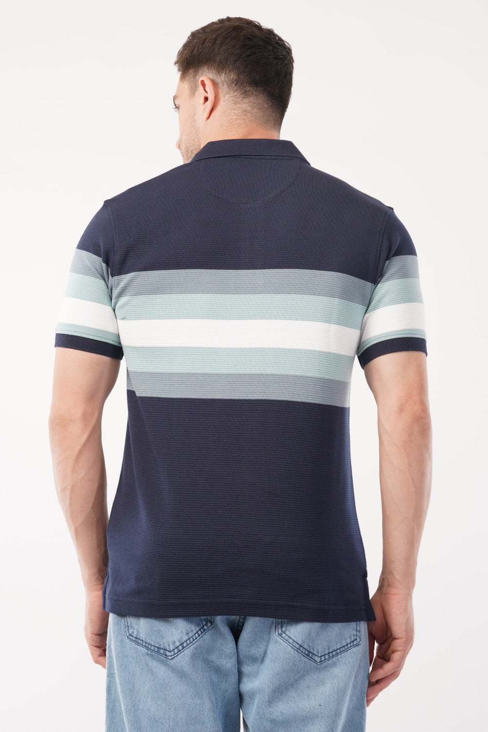 Parx Navy & Green Striped Half Sleeve Polo T-shirt