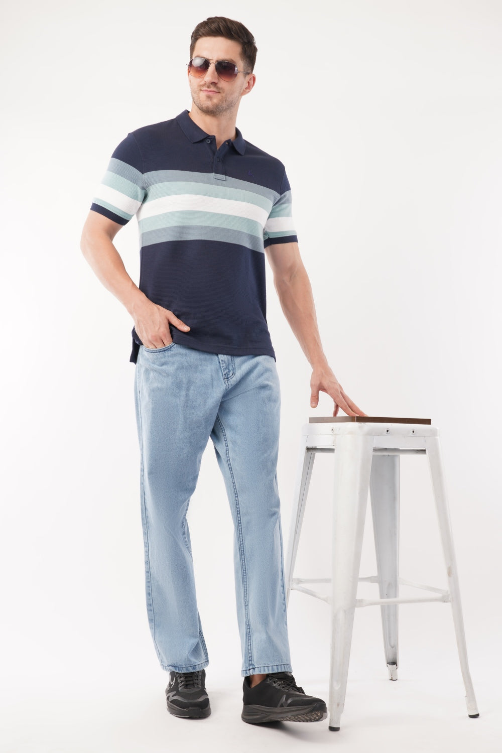 Parx Navy & Green Striped Half Sleeve Polo T-shirt