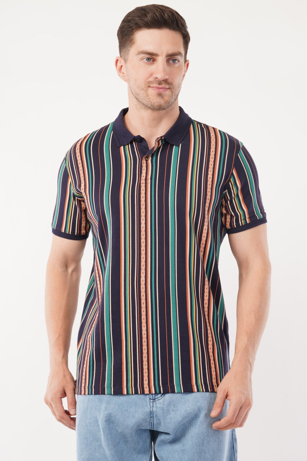 Louis Philippe Multicolor Vertical Striped Half Sleeve Polo  T-shirt