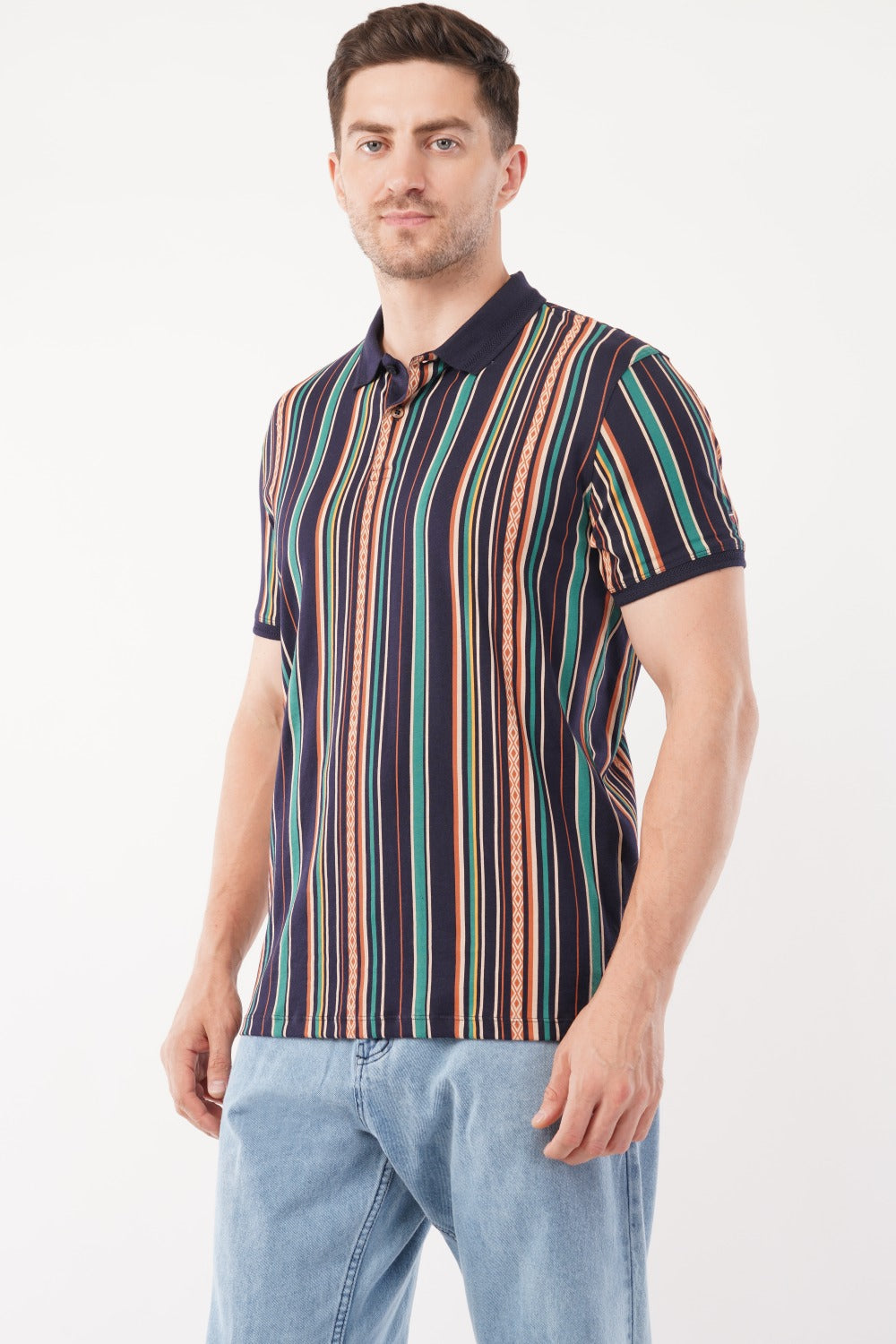 Louis Philippe Multicolor Vertical Striped Half Sleeve Polo  T-shirt