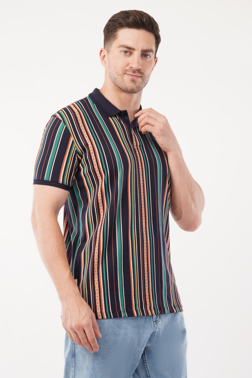 Louis Philippe Multicolor Vertical Striped Half Sleeve Polo  T-shirt