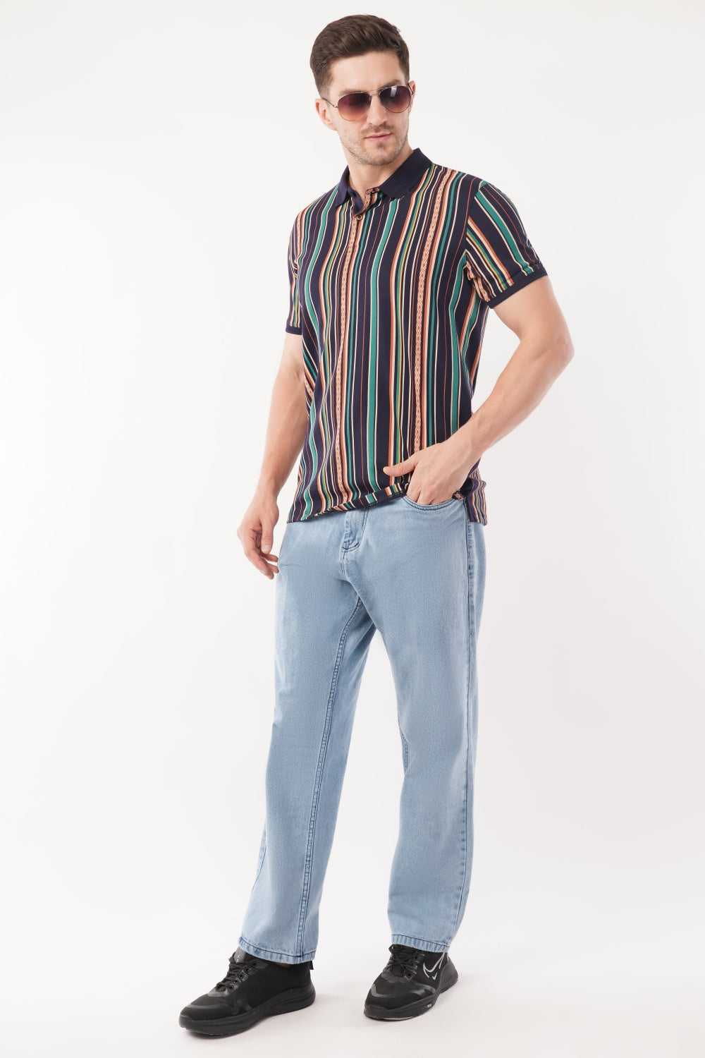 Louis Philippe Multicolor Vertical Striped Half Sleeve Polo  T-shirt