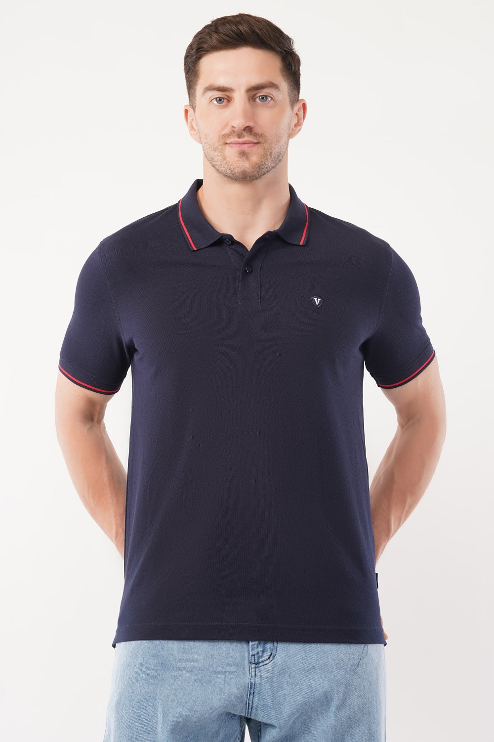 Van Heusen Blue Solid Design Tipping Half Sleeve Polo T-shirt