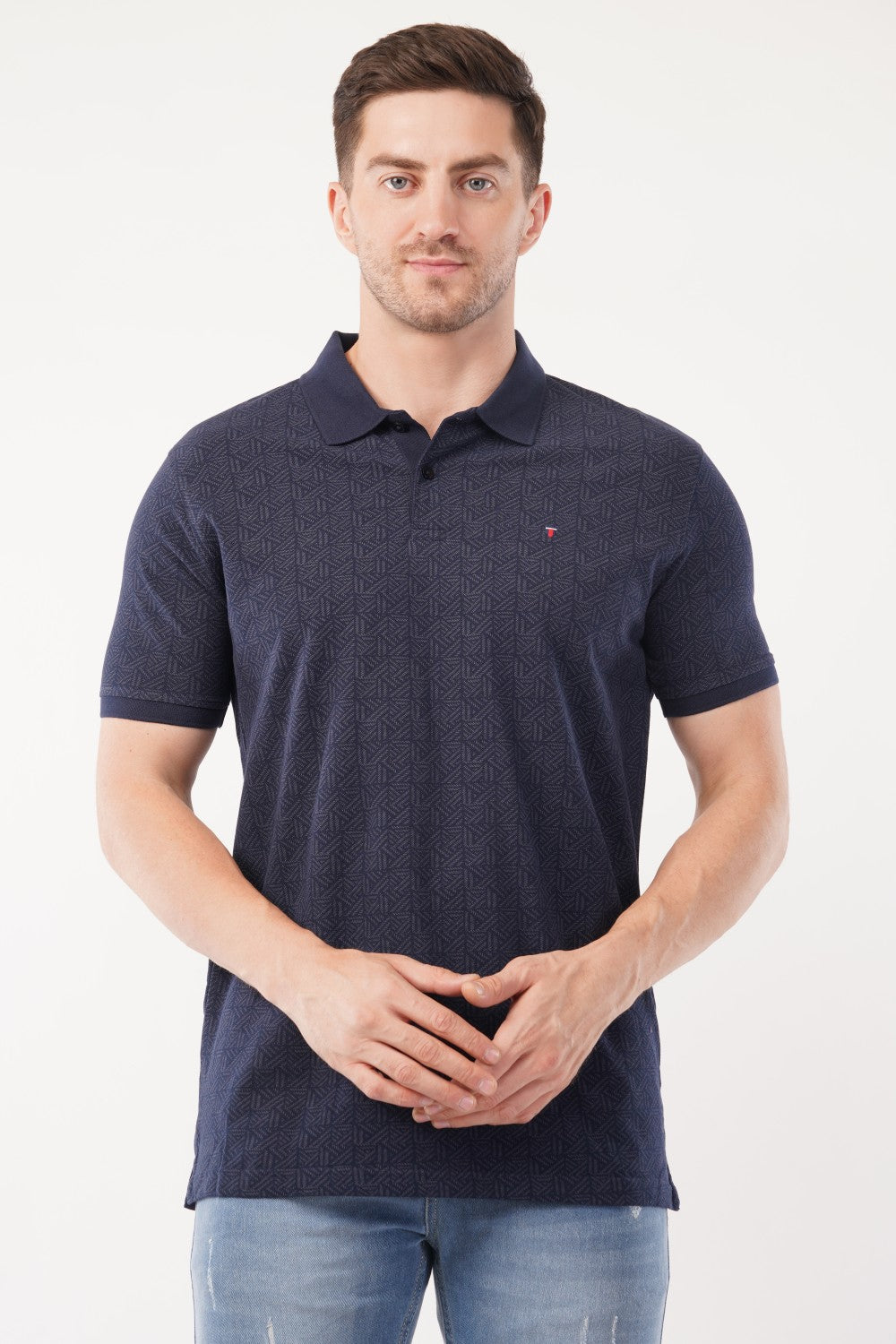 Louis Philippe Navy Blue Geometric Pattern  Half Sleeve Polo  T-shirt