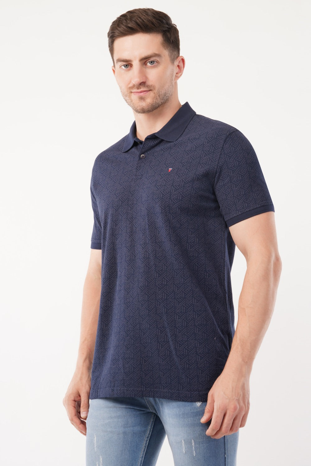Louis Philippe Navy Blue Geometric Pattern  Half Sleeve Polo  T-shirt